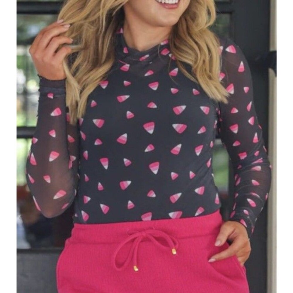 Halloween mesh long sleeve shirt Candy Corn Womens Medium Jess Lea Black Pink M